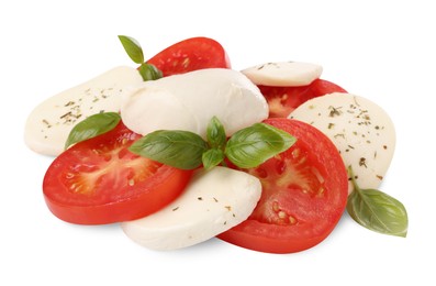 Photo of Delicious Caprese salad with tomatoes, mozzarella cheese, basil leaves and herbs isolated on white