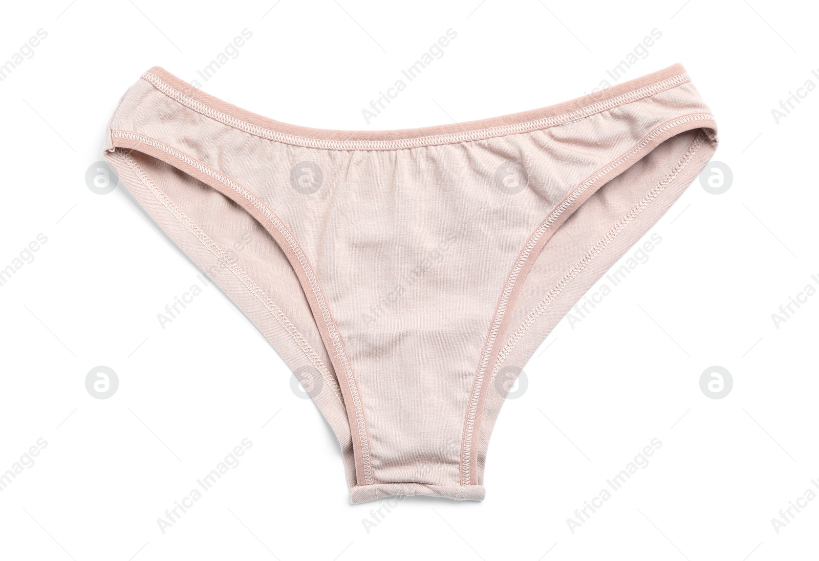 Photo of Comfortable beige women's underwear isolated on white, top view