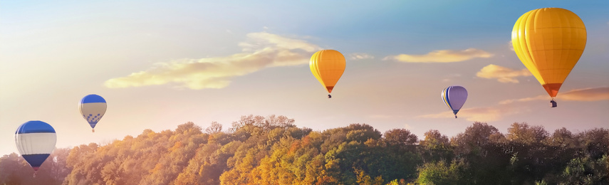 Image of Hot air balloons near forest. Banner design 