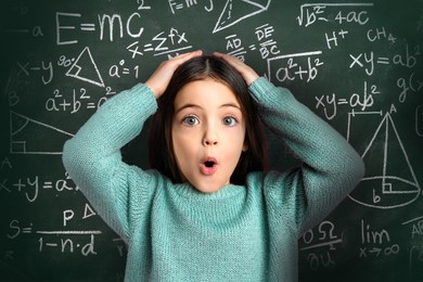 Image of Emotional little girl near chalkboard with different formulas