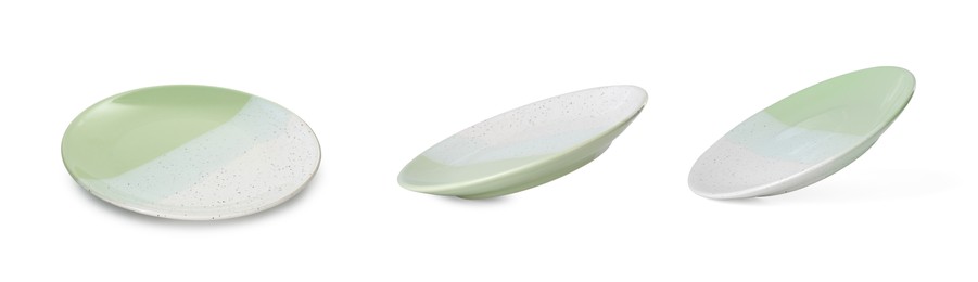 Image of Empty ceramic plate isolated on white, set with different views