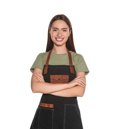 Portrait of happy hairdresser on white background