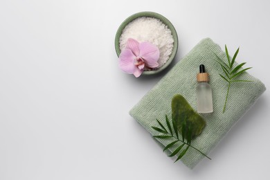 Photo of Flat lay composition with different spa products on white background. Space for text