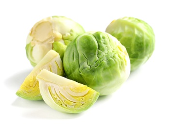 Fresh tasty Brussels sprouts on white background