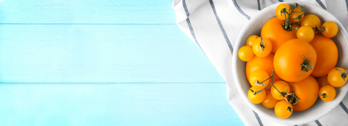 Image of Top view of bowl with fresh tomatoes on light blue wooden table, space for text. Banner design 