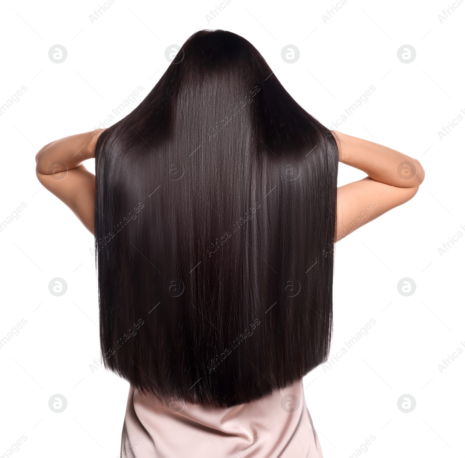 Photo of Woman with strong healthy hair on white background, back view