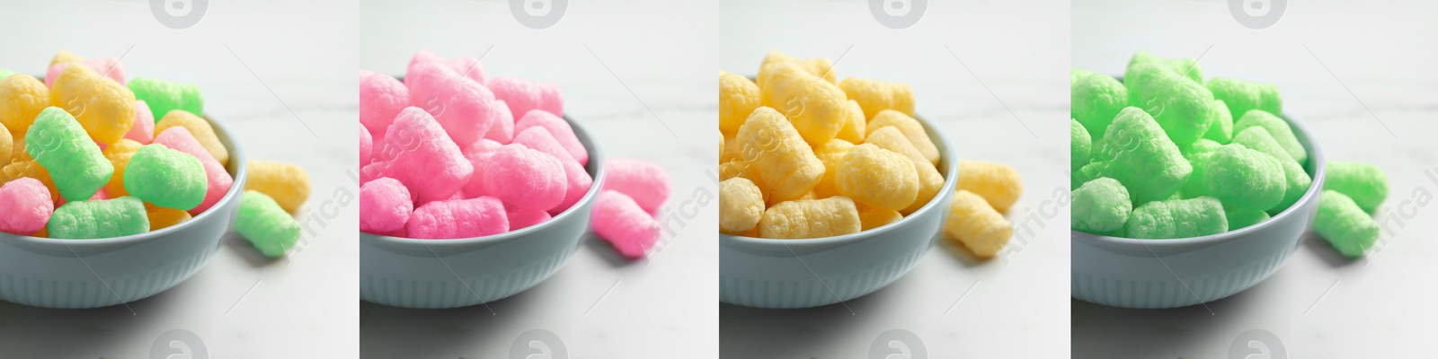 Image of Collage of bowls with colorful corn puffs on white background