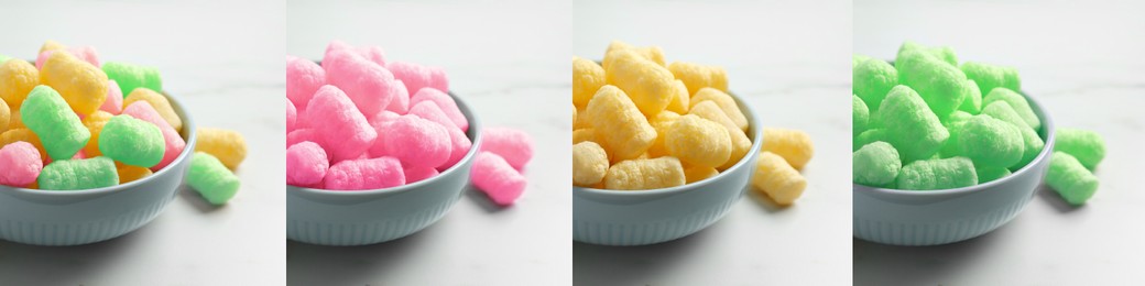 Collage of bowls with colorful corn puffs on white background