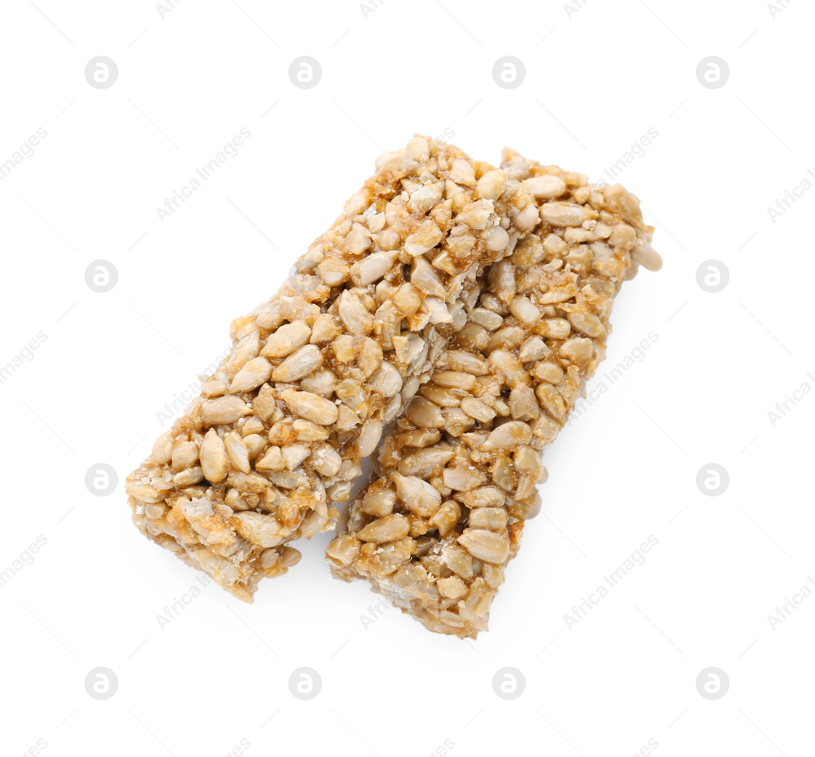 Photo of Tasty sunflower seed bars isolated on white