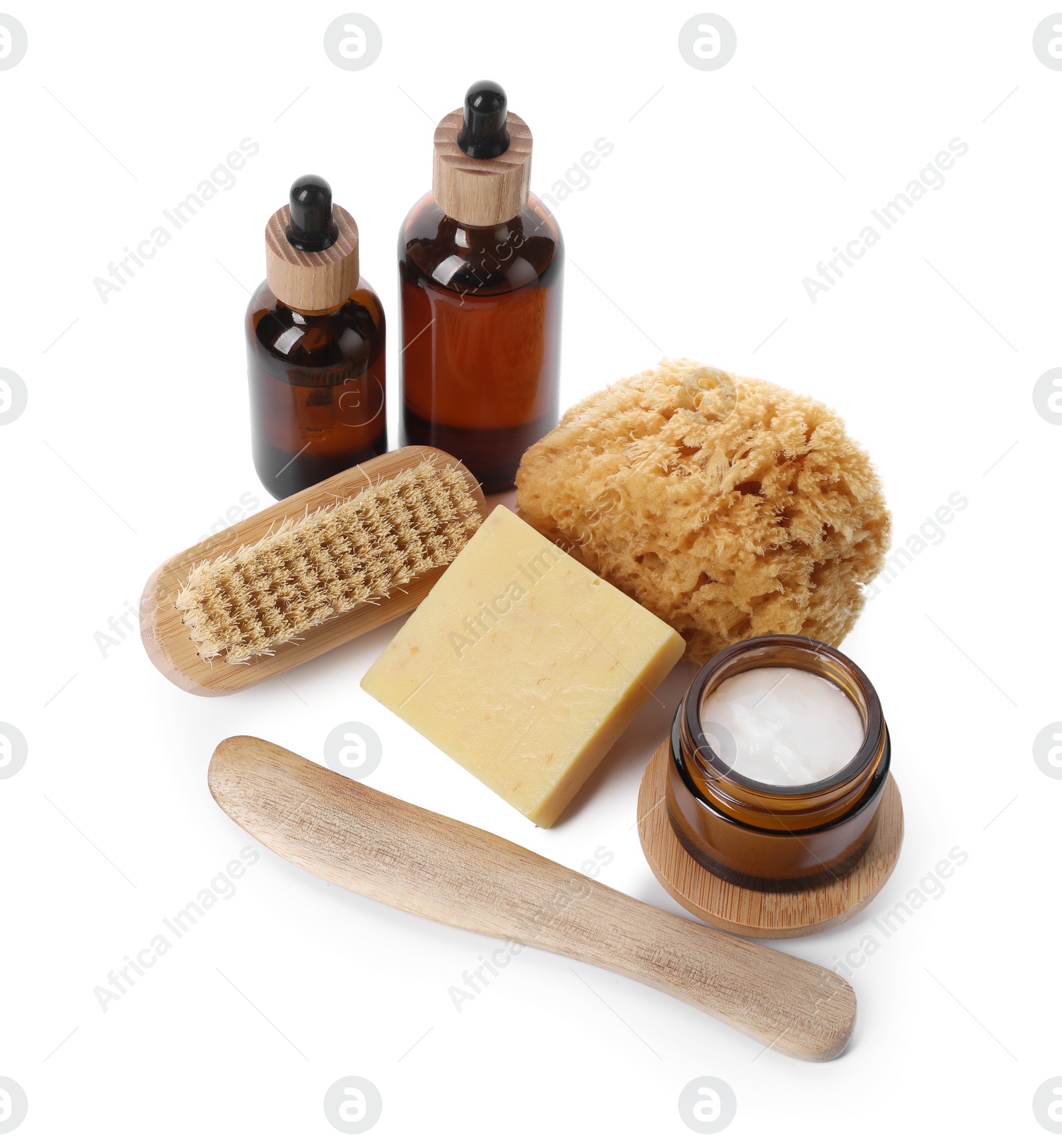 Photo of Composition with different spa supplies isolated on white