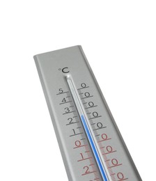 Photo of Modern grey weather thermometer on white background