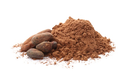 Photo of Cocoa powder and beans on white background