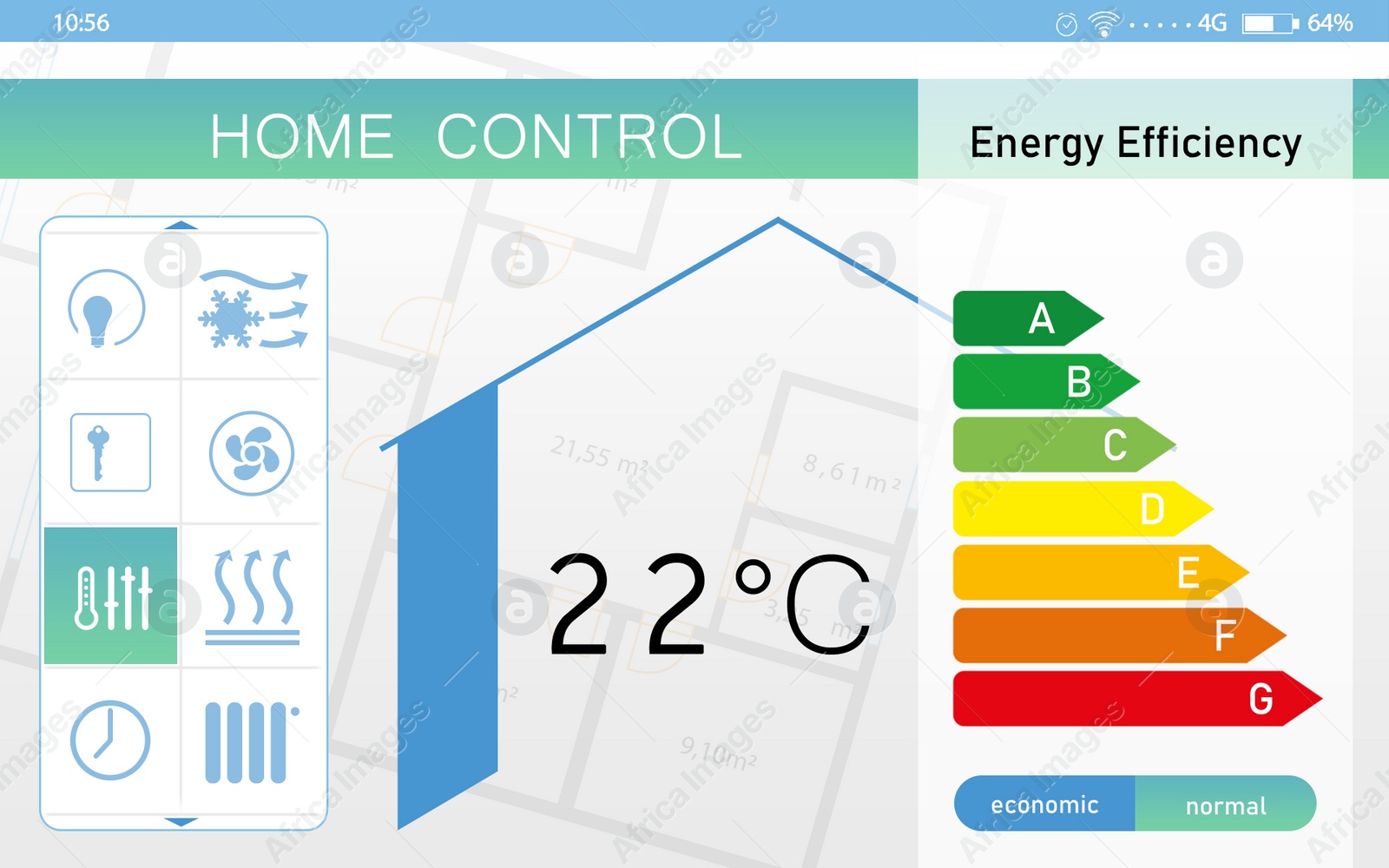 Illustration of Energy efficiency home control system. Application displaying indoor temperature and other settings