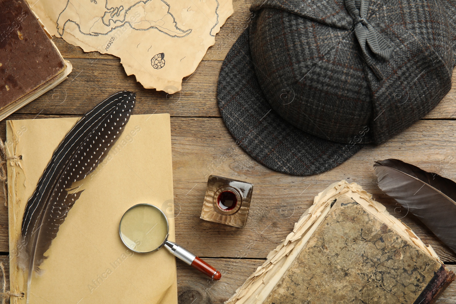 Photo of Composition with different vintage items on wooden background. Detective layout
