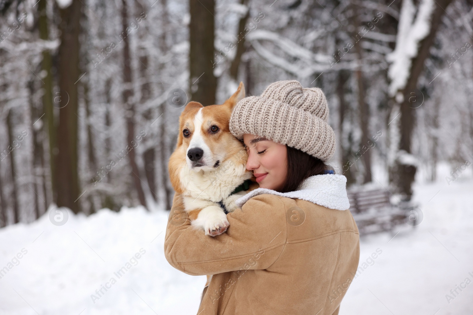 Photo of Woman with adorable Pembroke Welsh Corgi dog in snowy park