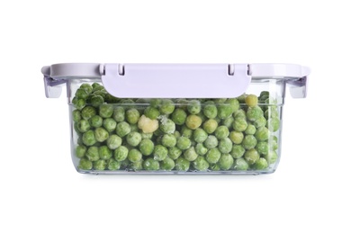 Box with green peas on white background