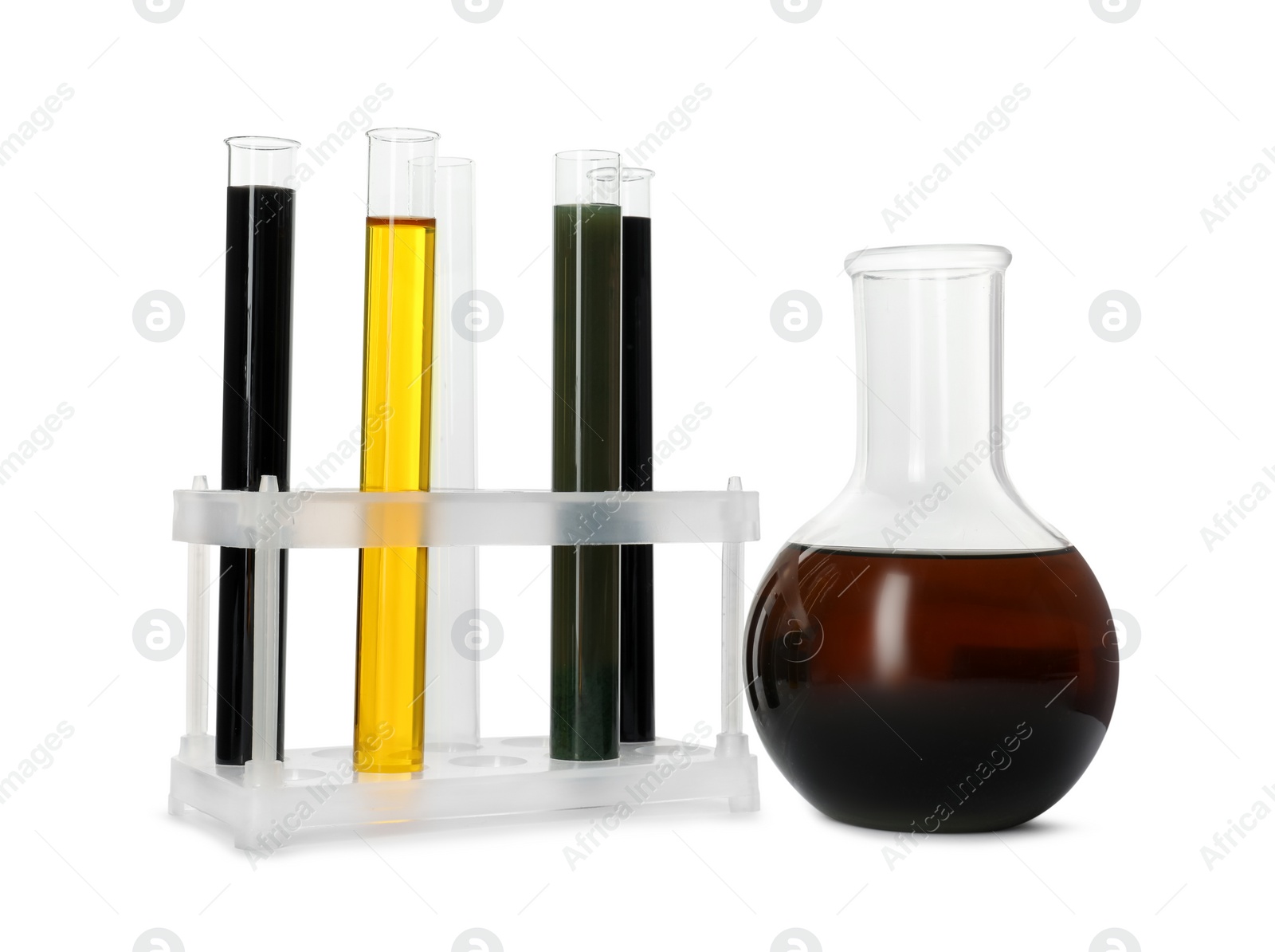 Photo of Test tubes and flask with different types of oil isolated on white