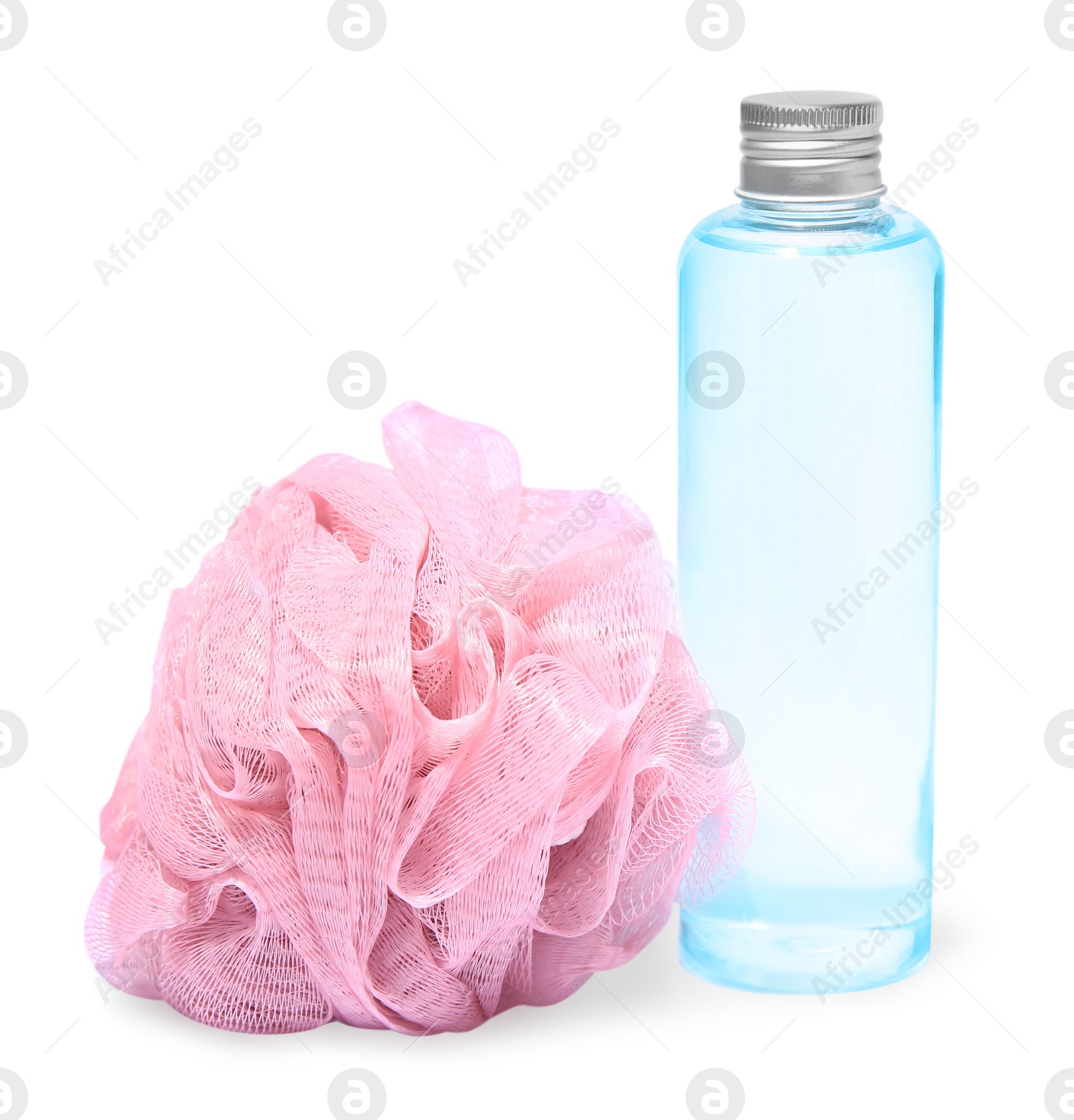 Photo of New pink shower puff and bottle of cosmetic product on white background