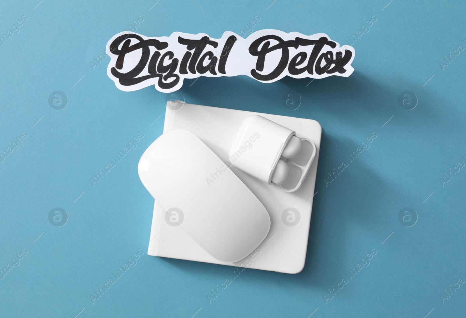 Photo of Paper note with phrase DIGITAL DETOX, mouse and earphones on light blue background, flat lay