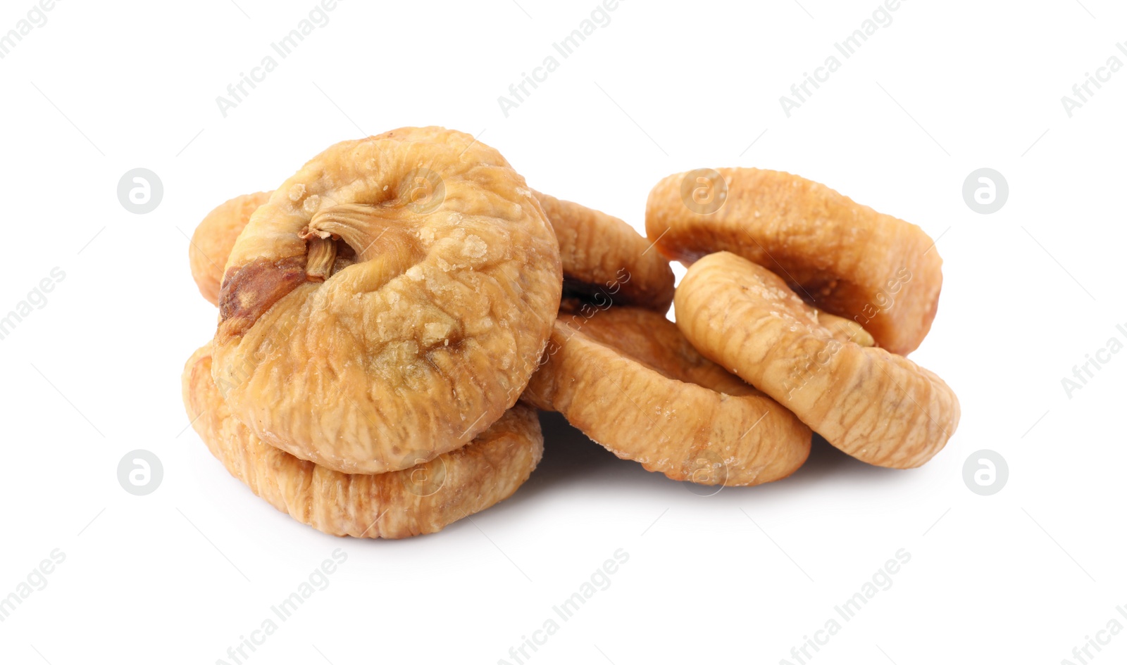 Photo of Many tasty dried figs isolated on white