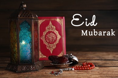 Image of Eid Mubarak greeting card. Arabic lantern, Quran, misbaha and dates on wooden table