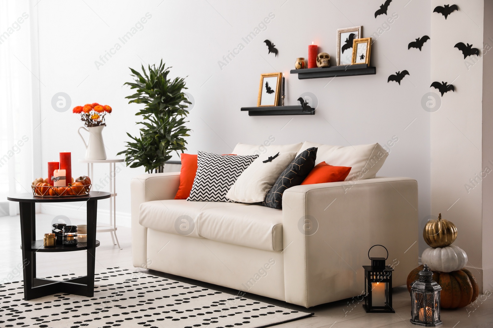 Photo of Modern room decorated for Halloween. Idea for festive interior