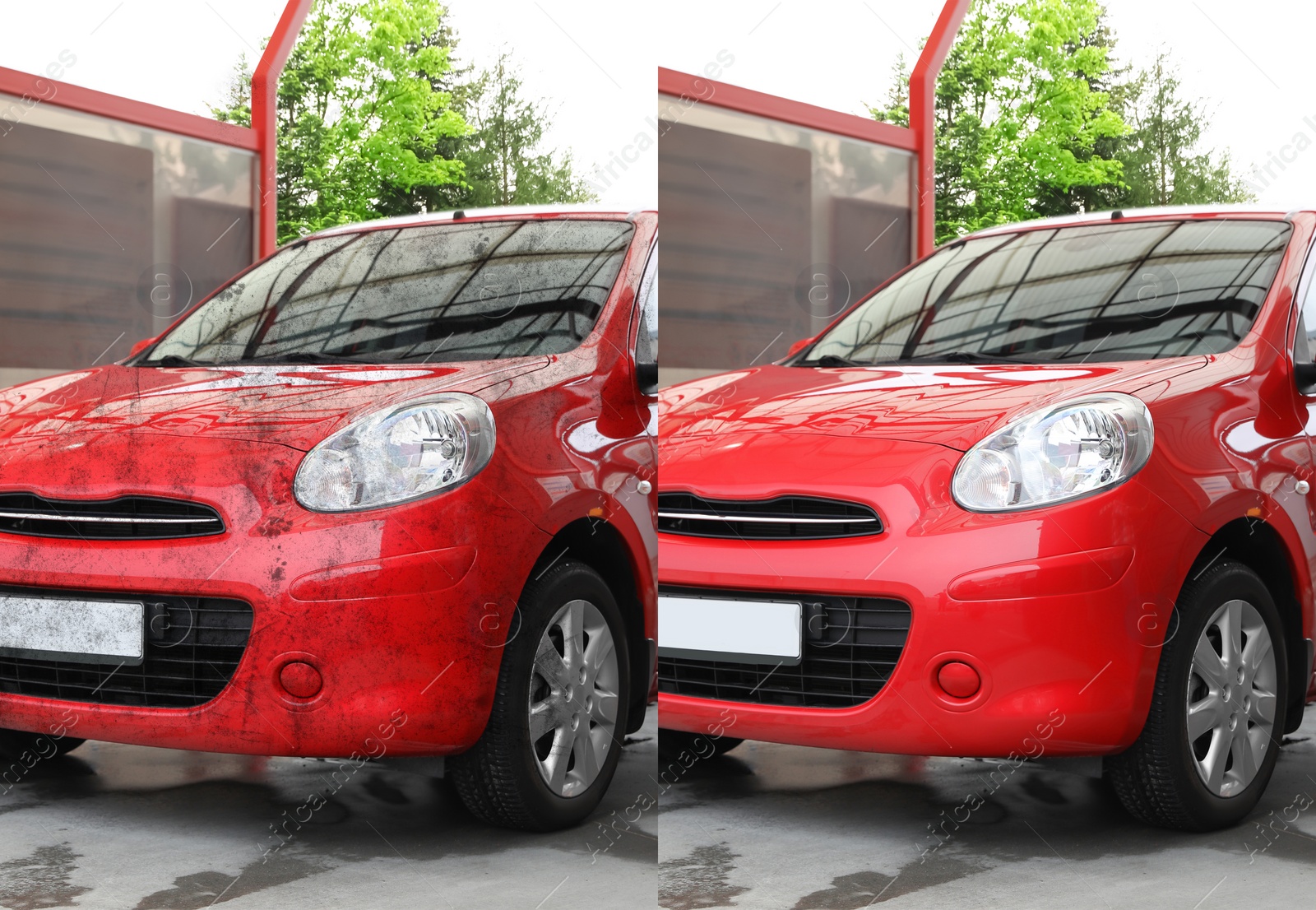 Image of Modern red automobile before and after washing outdoors 