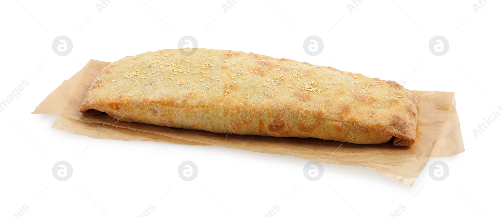 Photo of Delicious strudel with tasty filling isolated on white