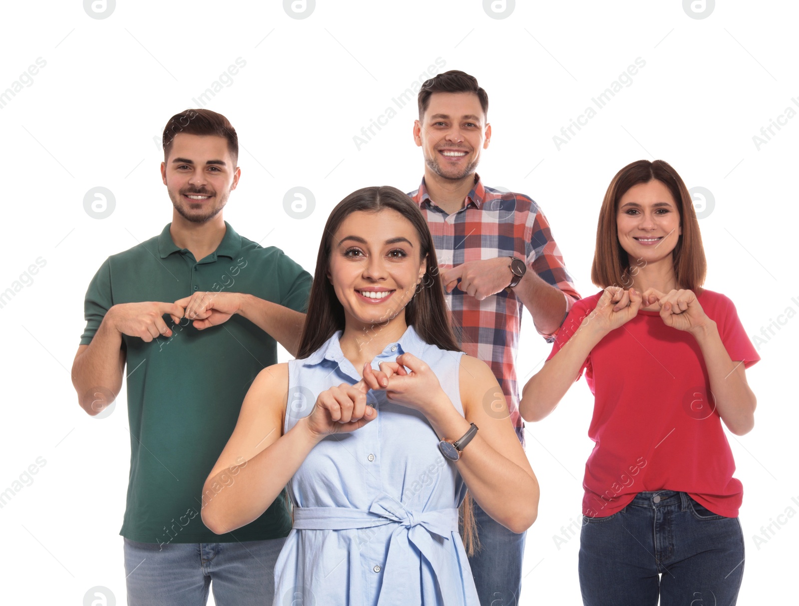 Photo of Hearing impaired people showing word FRIEND on sign language isolated on white