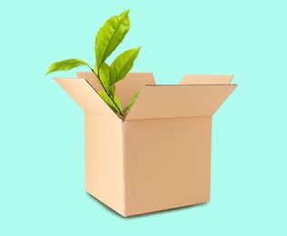 Image of Cardboard box and green leaves on cyan background. Eco friendly lifestyle