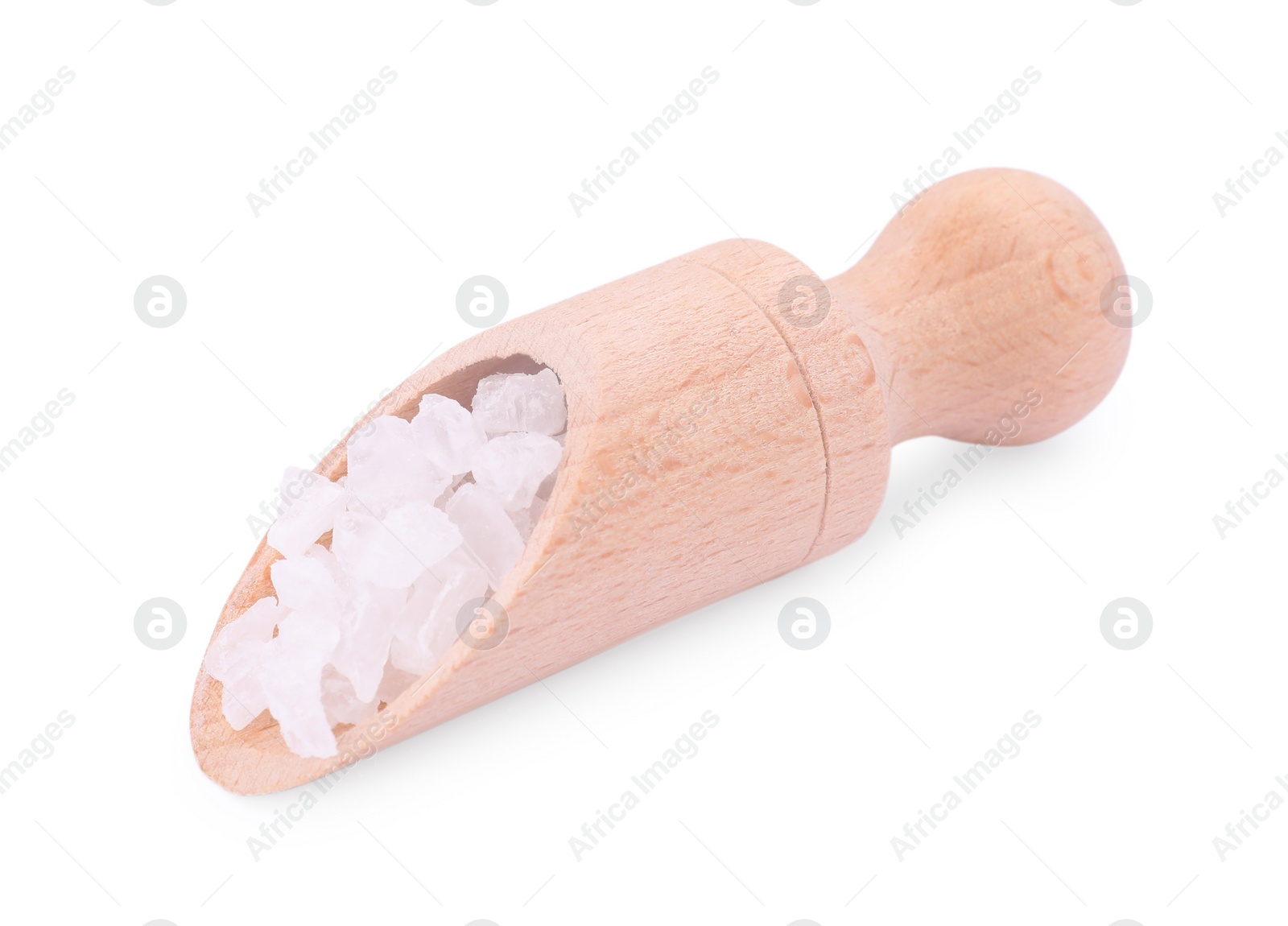 Photo of Wooden scoop with natural sea salt isolated on white