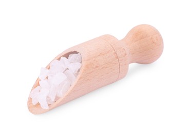 Photo of Wooden scoop with natural sea salt isolated on white