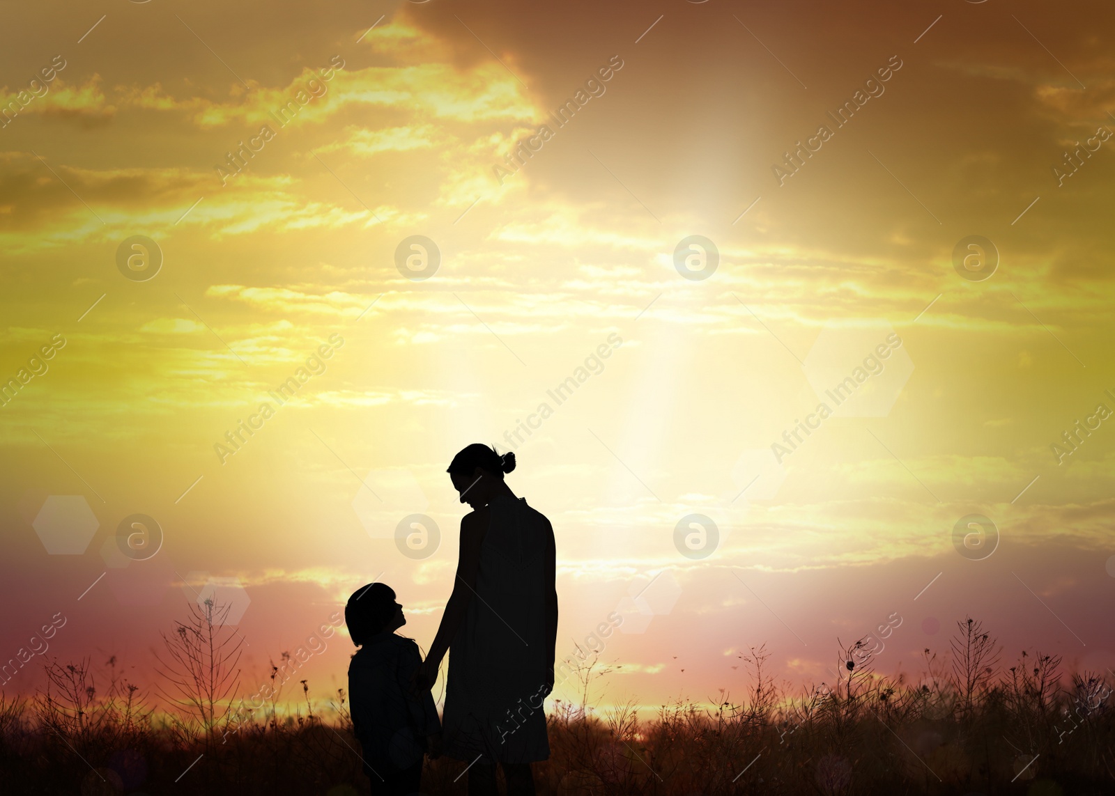 Image of Silhouettes of godparent with child in field at sunrise