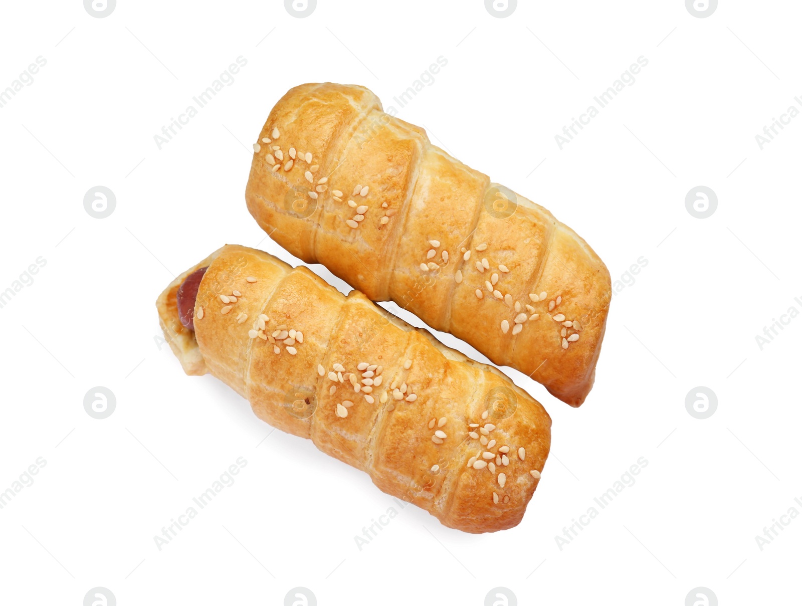 Photo of Delicious sausage rolls isolated on white, top view