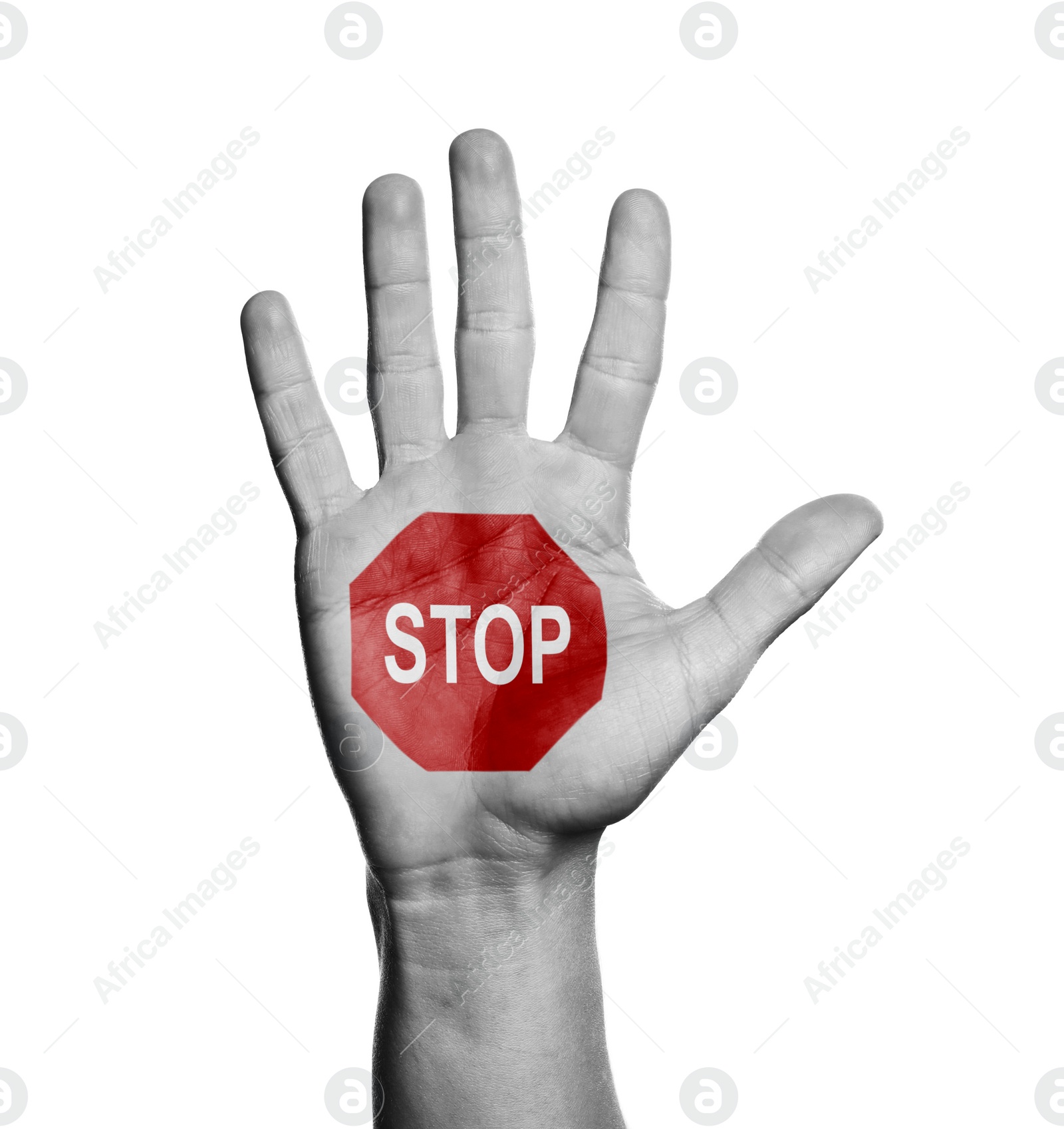 Image of Woman showing palm with drawn STOP sign on white background, closeup