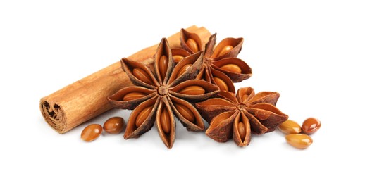 Dry anise stars and cinnamon stick on white background