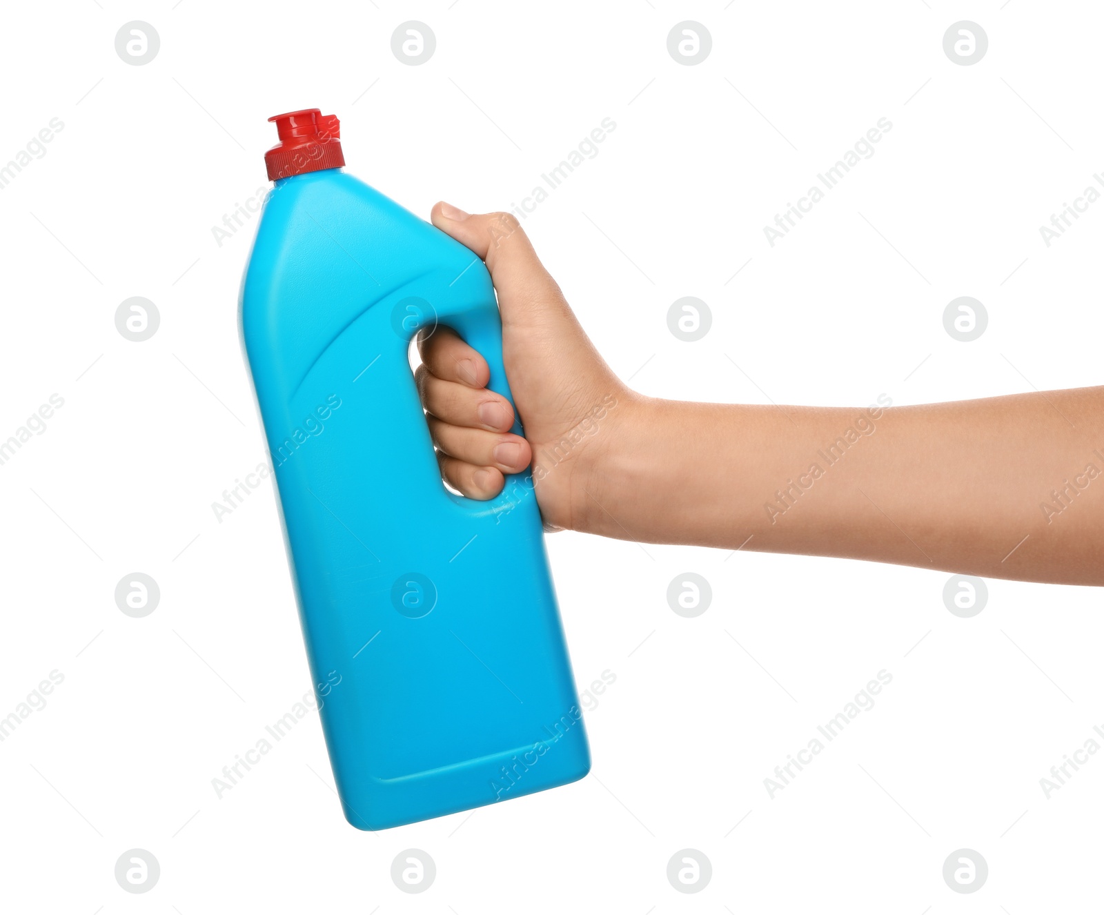 Photo of Woman holding bottle of cleaning product for dish washing on white background, closeup