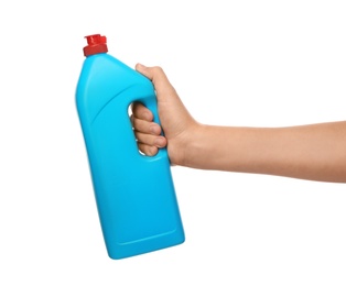 Photo of Woman holding bottle of cleaning product for dish washing on white background, closeup