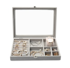 Photo of Elegant jewelry box with beautiful bijouterie isolated on white 