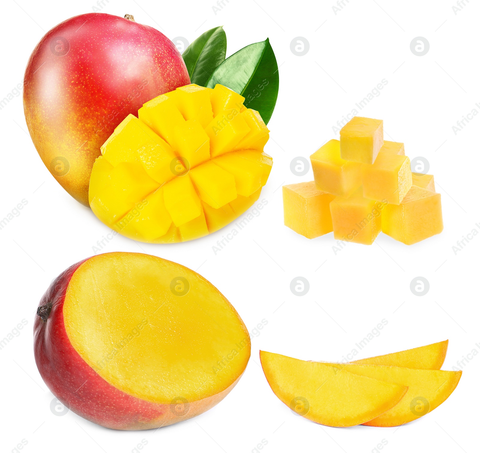 Image of Set with delicious ripe mangos on white background