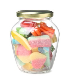 Photo of Tasty jelly candies in jar on white background