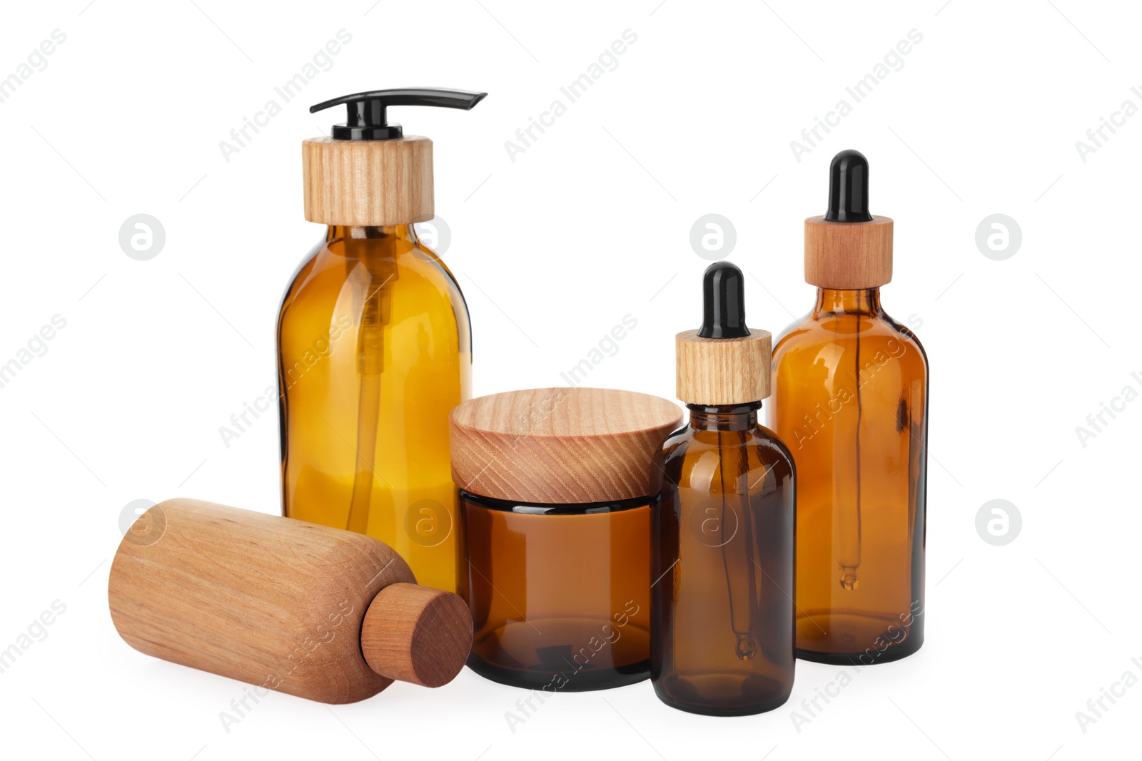 Photo of Set of stylish glass and wooden containers isolated on white