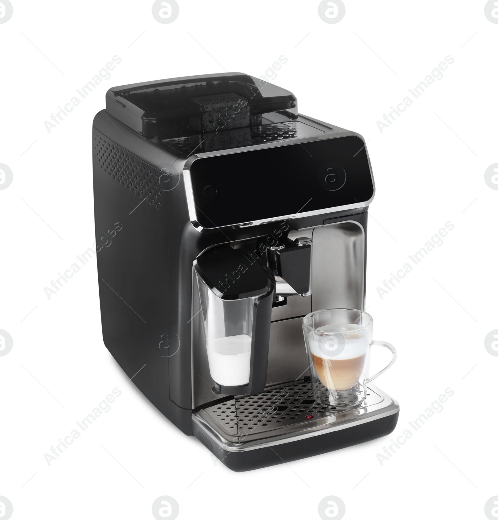 Photo of Modern coffee machine with cup of cappuccino isolated on white