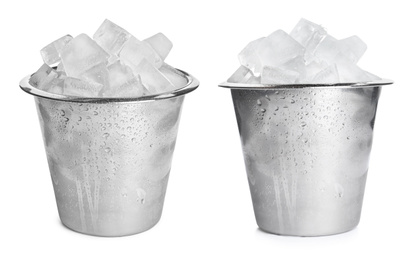 Image of Metal buckets with ice cubes on white background 