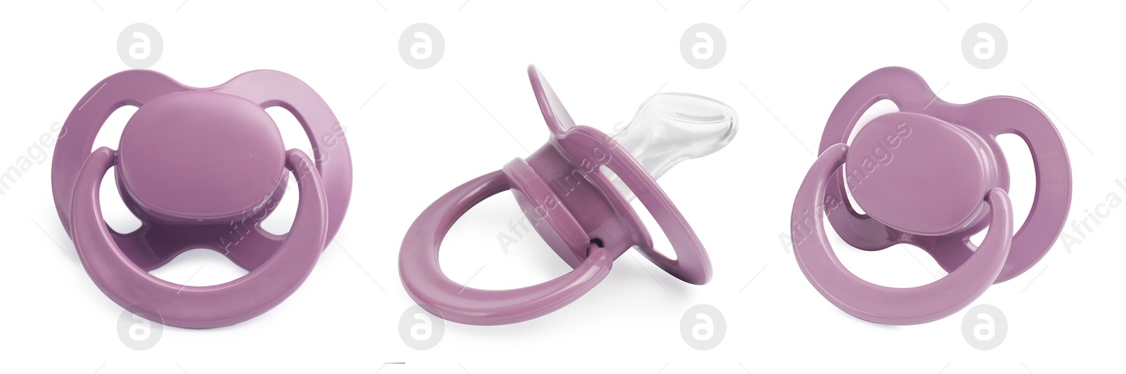 Image of Collage of pale purple baby pacifier on white background, views from different sides