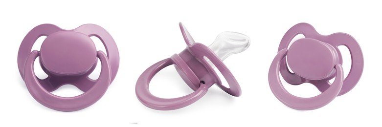 Image of Collage of pale purple baby pacifier on white background, views from different sides