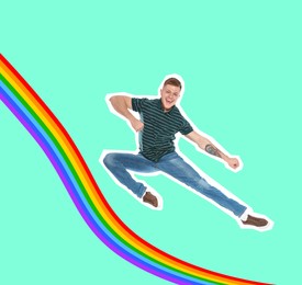 Image of Pop art poster. Happy man jumping near rainbow on aquamarine background