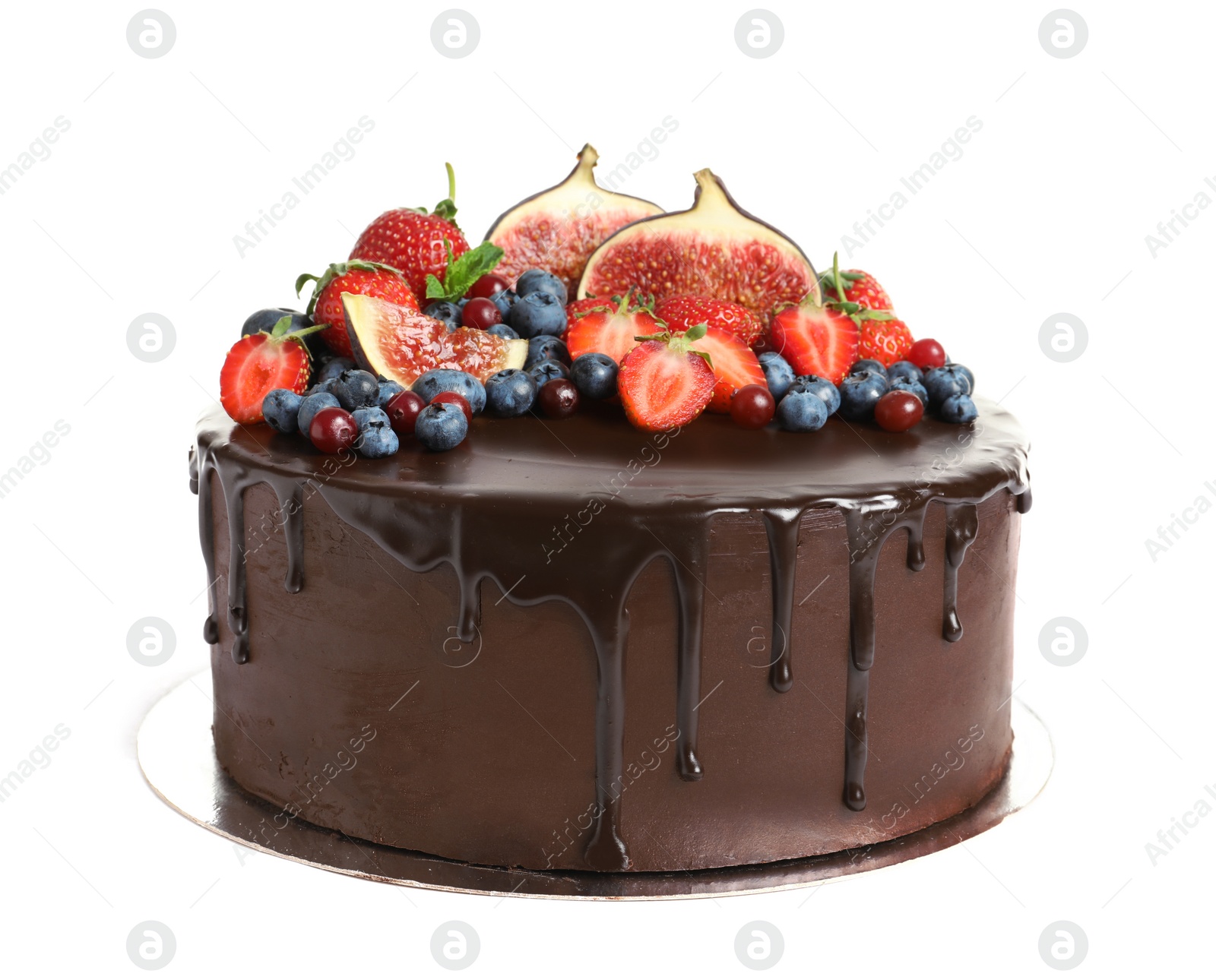 Photo of Fresh delicious homemade chocolate cake with berries on white background