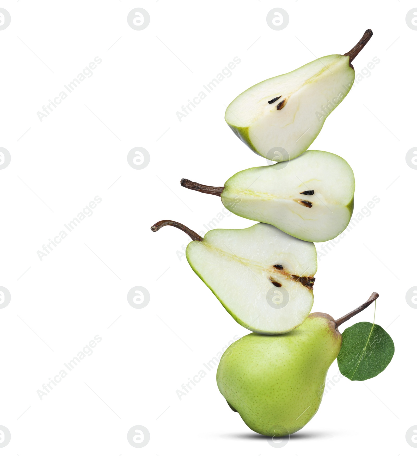 Image of Cut and whole fresh ripe pears on white background