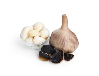 Fresh and fermented black garlic isolated on white